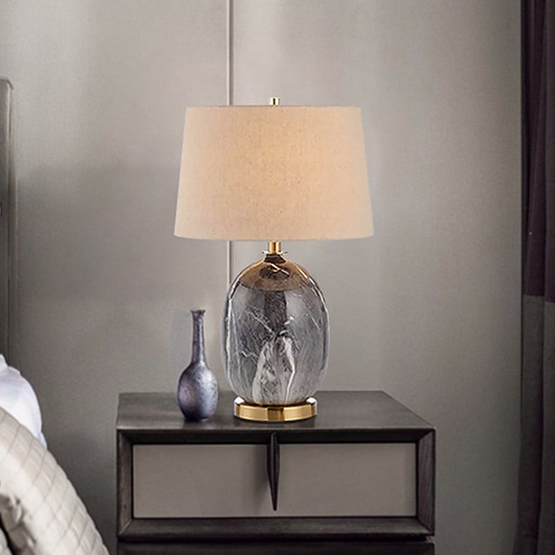 Luz de mesa de barril de lino moderno 1 lámpara de escritorio de tela de bulbo con base de mármol gris oblonga