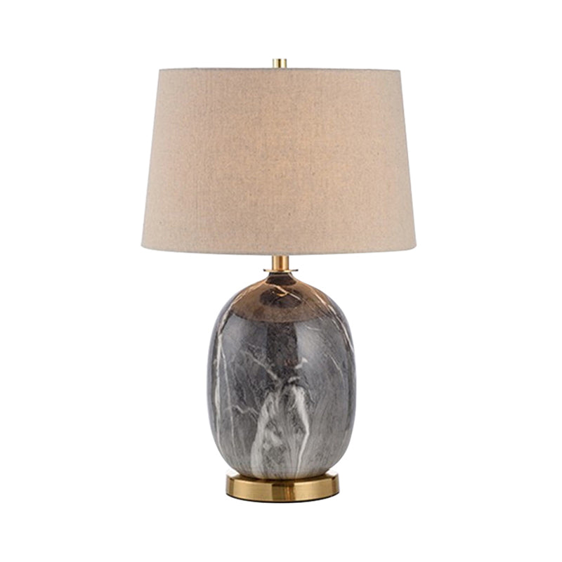 Luz de mesa de barril de lino moderno 1 lámpara de escritorio de tela de bulbo con base de mármol gris oblonga