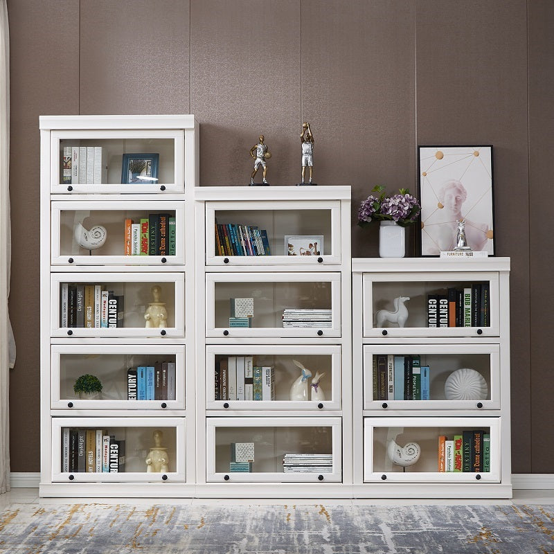 White Vertical Standard Bookcase Solid Wood Bookshelf with Glass Doors