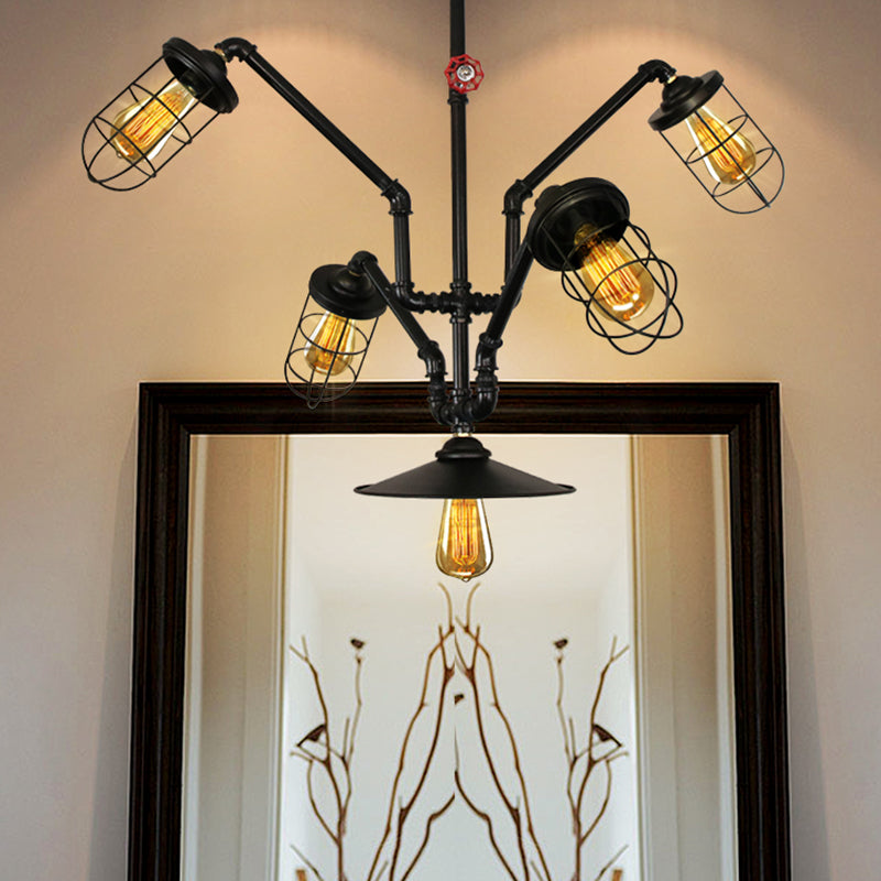 Abstract Pipe Living Room Pendant Vintage Metallic 5-Light Black Hanging Chandelier with Wire Cage