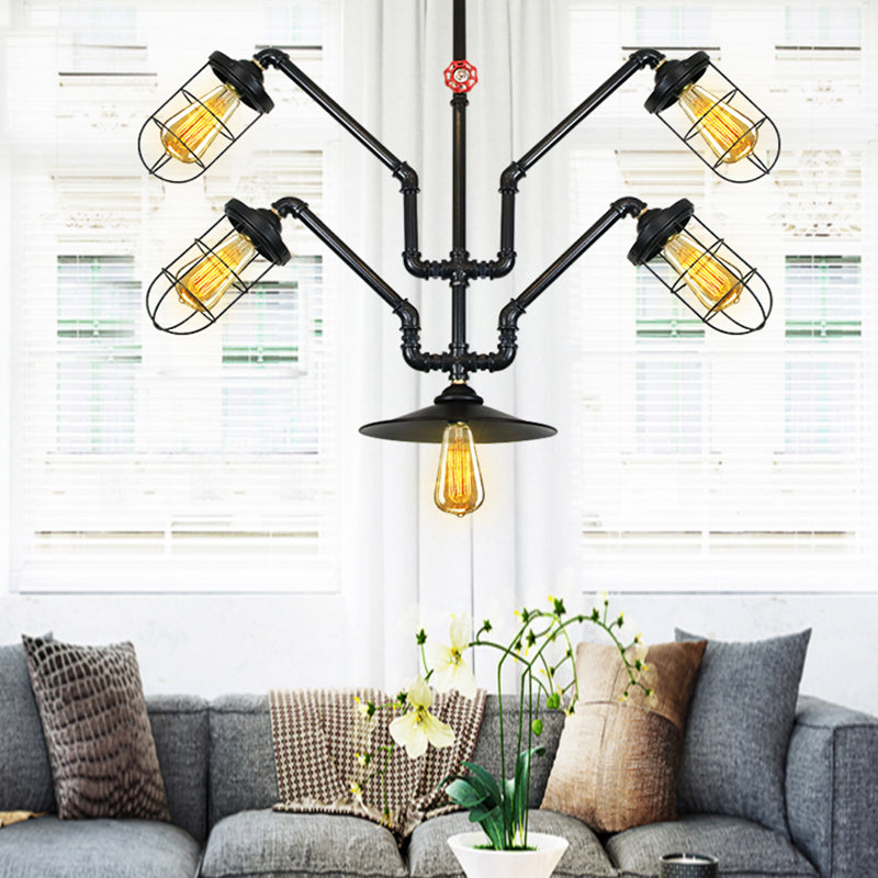 Abstract Pipe Living Room Pendant Vintage Metallic 5-Light Black Hanging Chandelier with Wire Cage