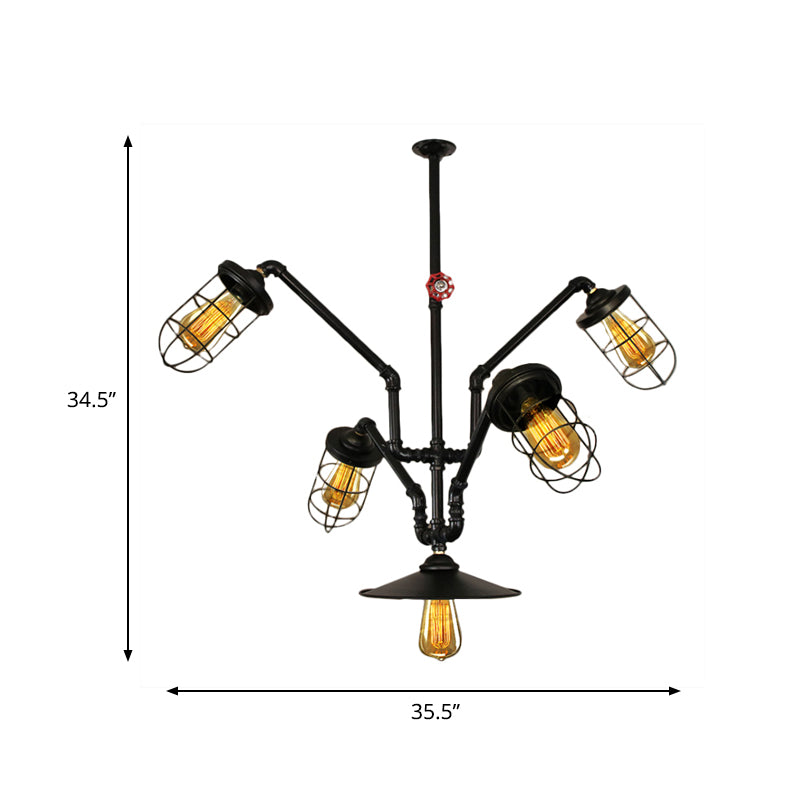 Abstract Pipe Living Room Pendant Vintage Metallic 5-Light Black Hanging Chandelier with Wire Cage