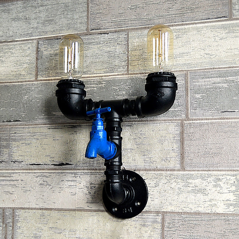 Piping Iron Wall Mount Light Industrial 2 Lights Corridor Sconce Lamp Fixture in Black with Water Tap Deco