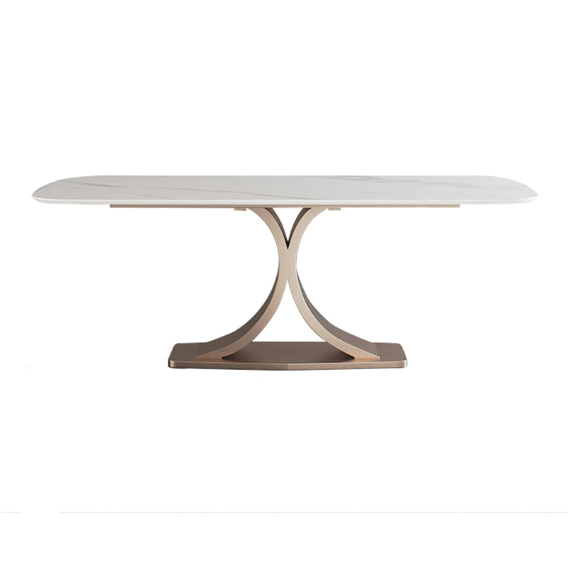 Stone Glam Rectangle Dining Table White Top Pedestal Table for Home