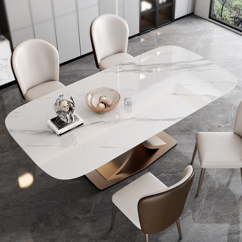 Stone Glam Rectangle Dining Table White Top Pedestal Table for Home
