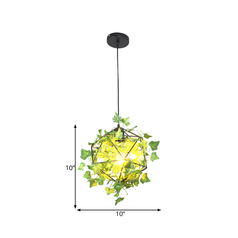 Geometric Restaurant Pendant Ceiling Light Retro Metal 1 Head Black LED Drop Lamp with Plant Decor