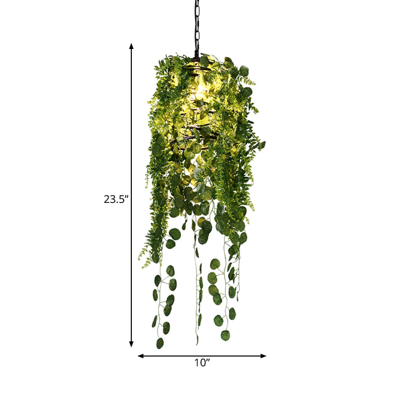 Black Cage Pendant Lighting Fixture Industrial Metal 1 Head Restaurant LED Hanging Ceiling Light with Plant