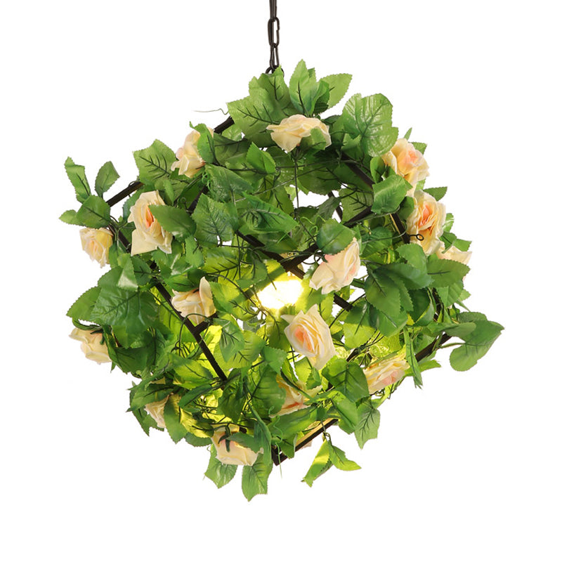 Vintage Geometrische Suspensionslampe 1 Kopf Metall LED -Anhänger Licht in Schwarz mit Pflanze und Blume