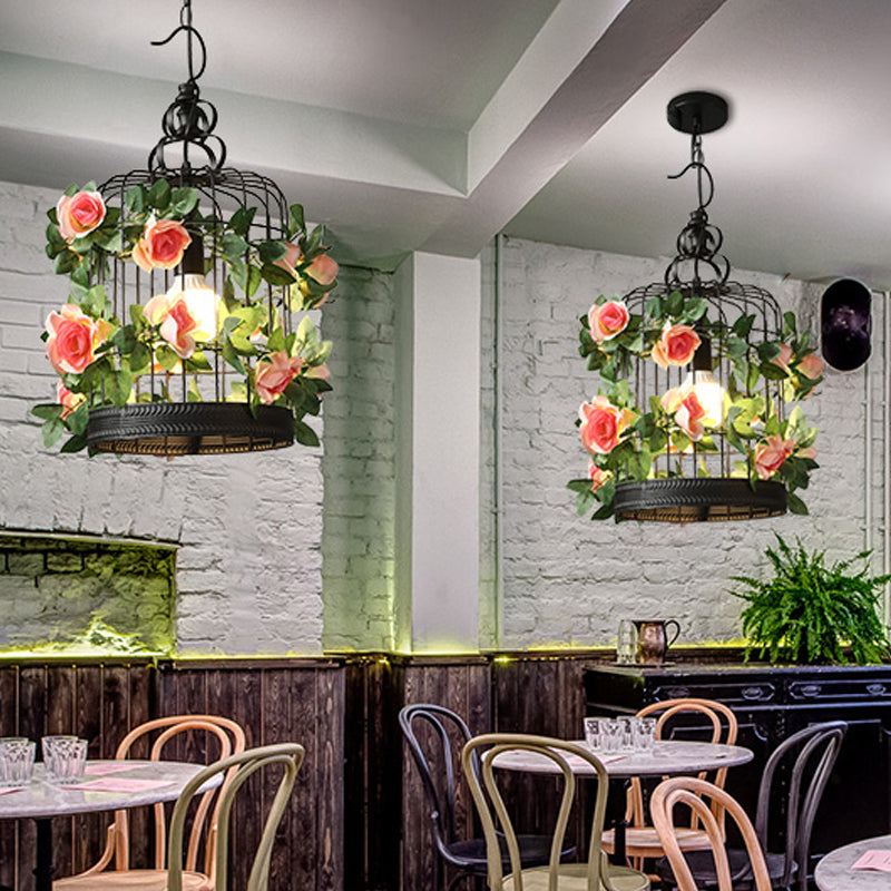 Black 1 Bulb Ceiling Light Industrial Metal Birdcage LED Pendant Lamp with Flower Decoration