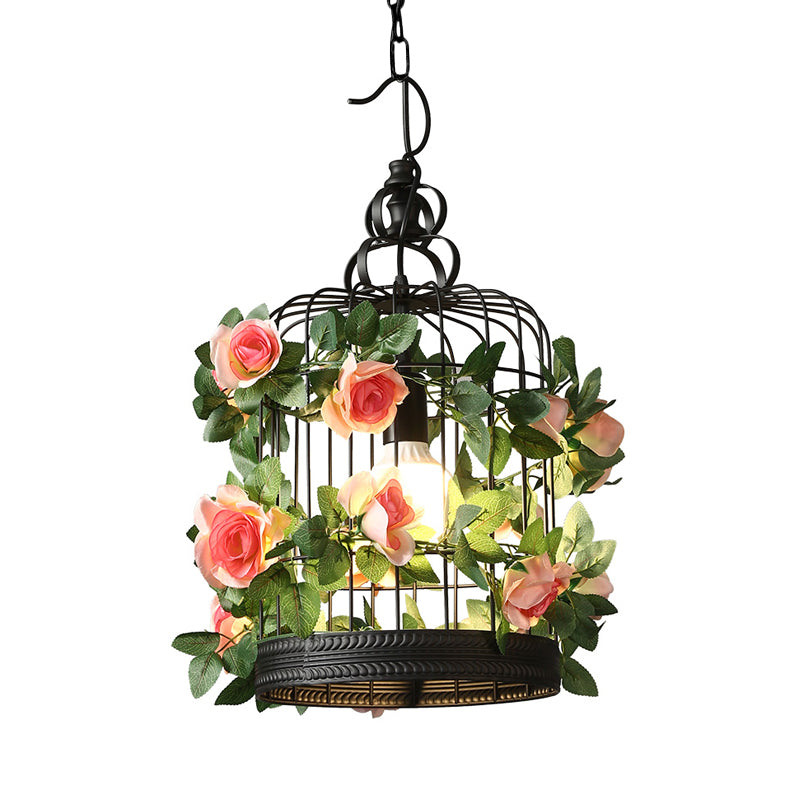 Black 1 Bulb Ceiling Light Industrial Metal Birdcage LED Pendant Lamp with Flower Decoration