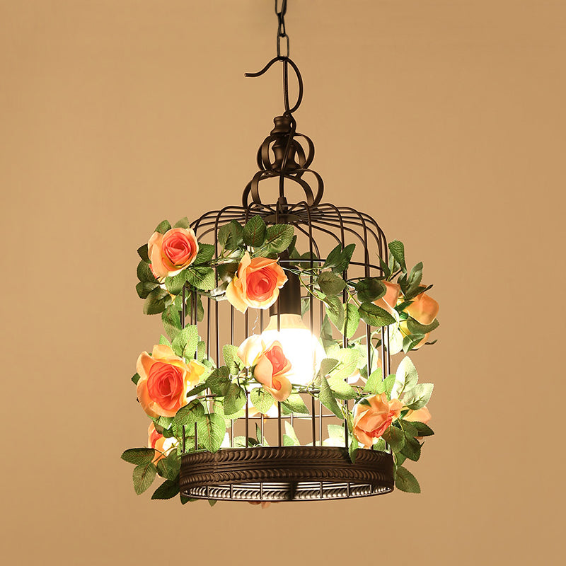 Black 1 Bulb Ceiling Light Industrial Metal Birdcage LED Pendant Lamp with Flower Decoration