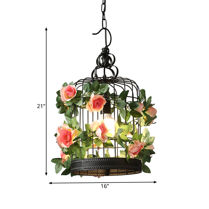 Black 1 Bulb Ceiling Light Industrial Metal Birdcage LED Pendant Lamp with Flower Decoration