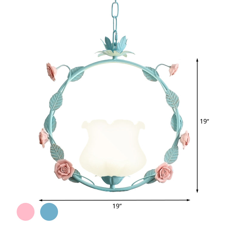 White Glass Round Ceiling Lamp Pastoral 1 Head Dining Room LED Suspension Pendant Light in Pink/Blue