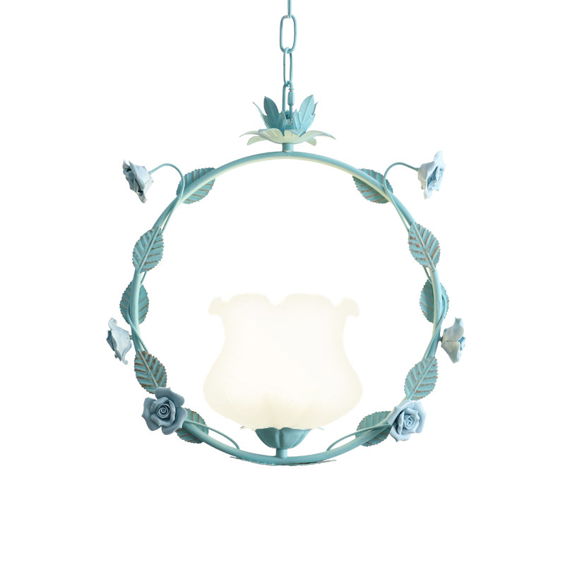 White Glass Round Ceiling Lamp Pastoral 1 Head Dining Room LED Suspension Pendant Light in Pink/Blue