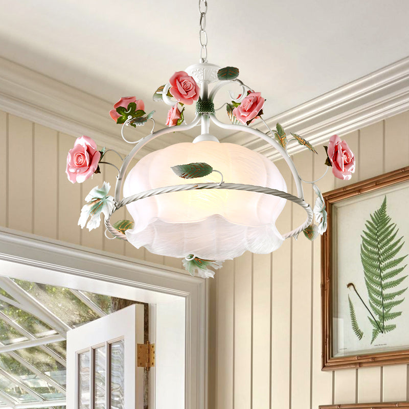 Korean Garden Floral Hanging Pendant 1 Head White Glass Down Lighting for Dining Room
