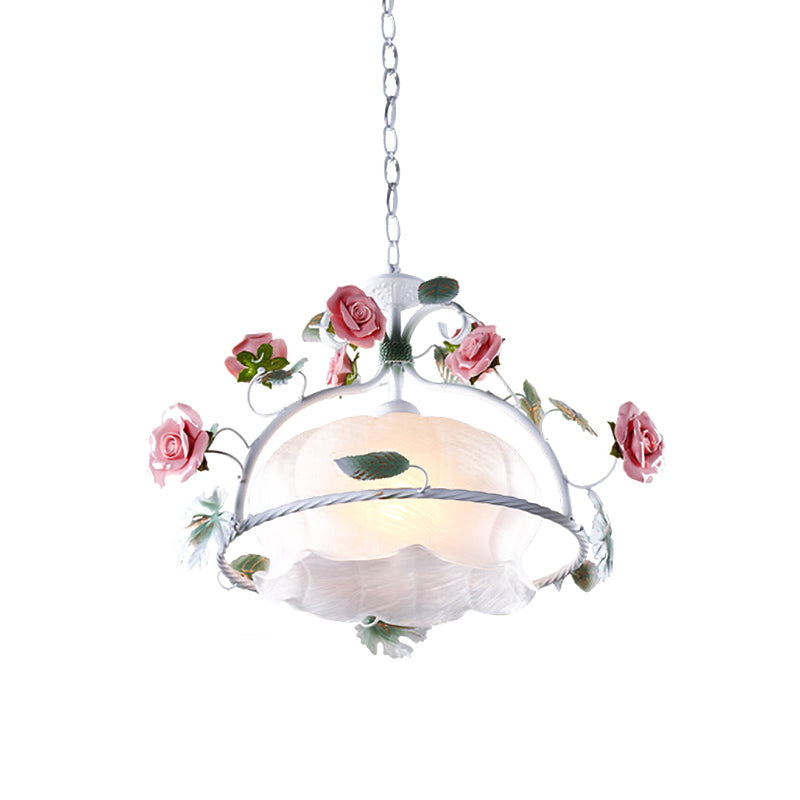 Korean Garden Floral Hanging Pendant 1 Head White Glass Down Lighting for Dining Room