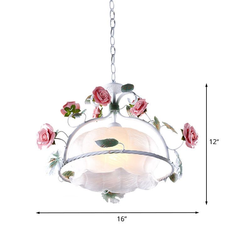 Korean Garden Floral Hanging Pendant 1 Head White Glass Down Lighting for Dining Room