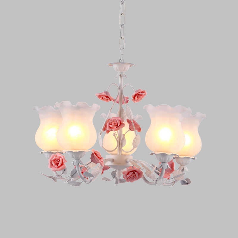 Flower White Glass Chandelier Light Pastoral 5 Bulbs Dining Room Pendant Lighting Fixture in Pink