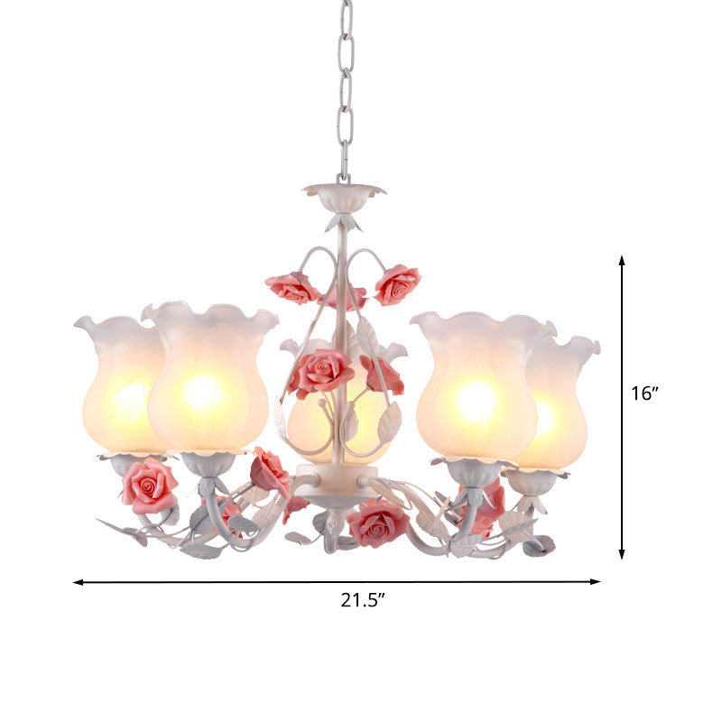 Flower White Glass Chandelier Light Pastoral 5 Bulbs Dining Room Pendant Lighting Fixture in Pink