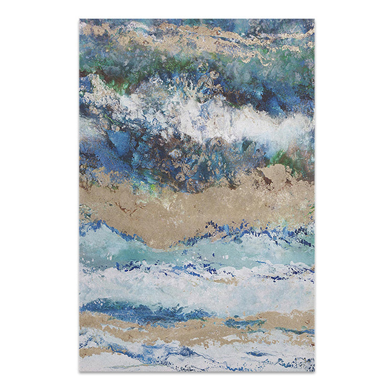Blue Contemporary Rug Polyester Abstract Print Rug Washable Rug for Drawing Room