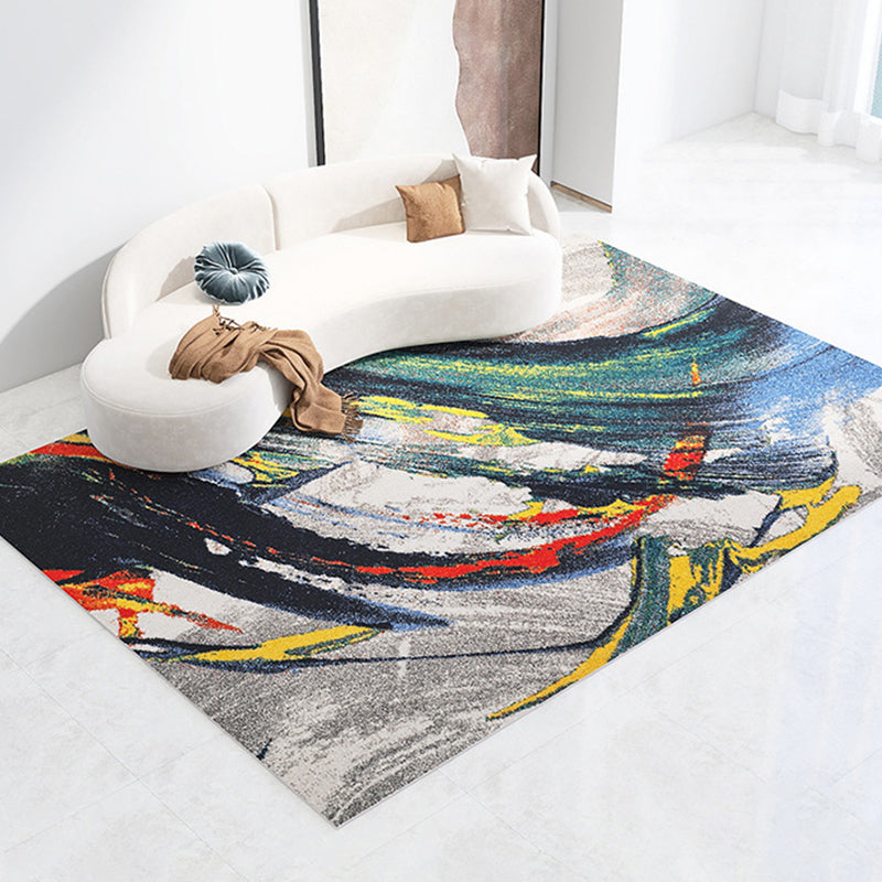 Blue Contemporary Rug Polyester Abstract Print Rug Washable Rug for Drawing Room