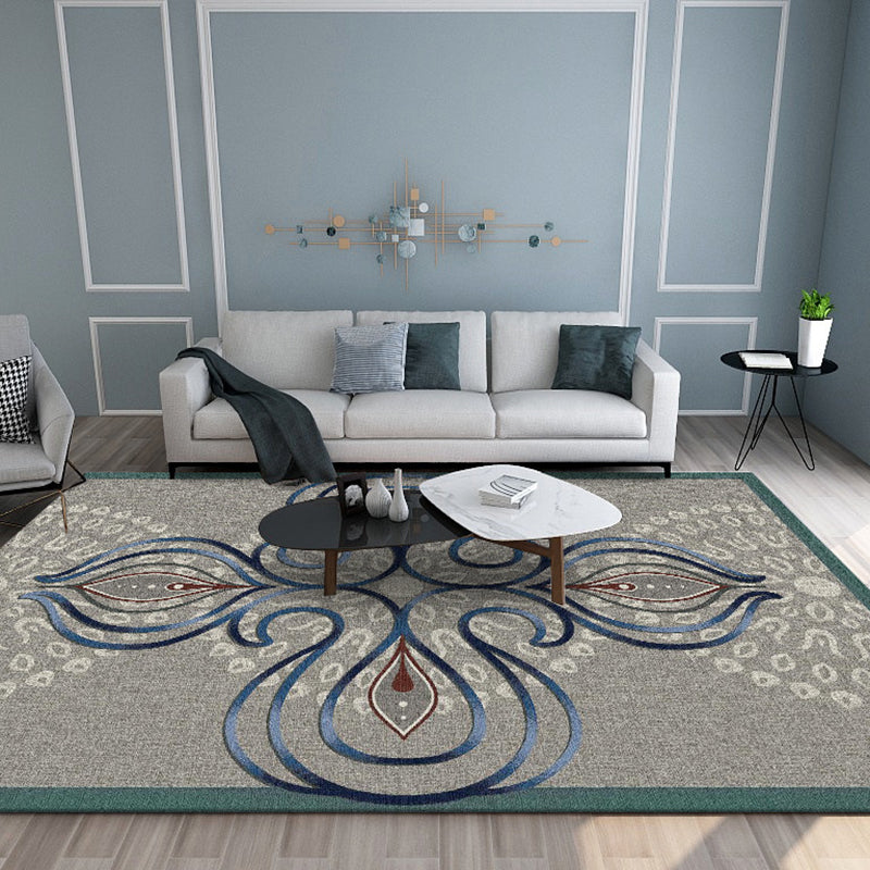 Gray Modern Rug Polyester Leaves Rug Non-Slip Backing Rug Washable for Home Decor