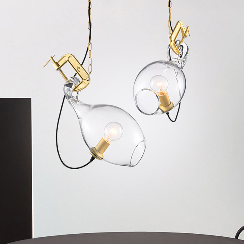 Lampe à suspension sciage moderne en verre transparent 1-bulbe kit de lumière suspendue en or pour chambre à coucher