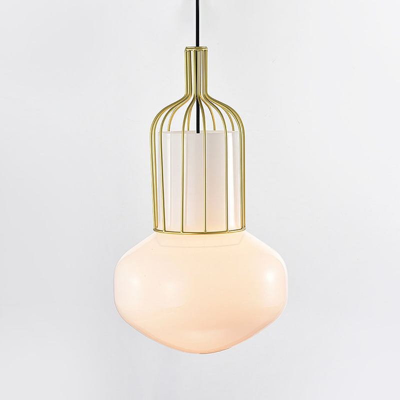 Gold Schoolhouse Pendant Light Fixture Modernist 1 Bulb White Glass Ceiling Lamp with Cage