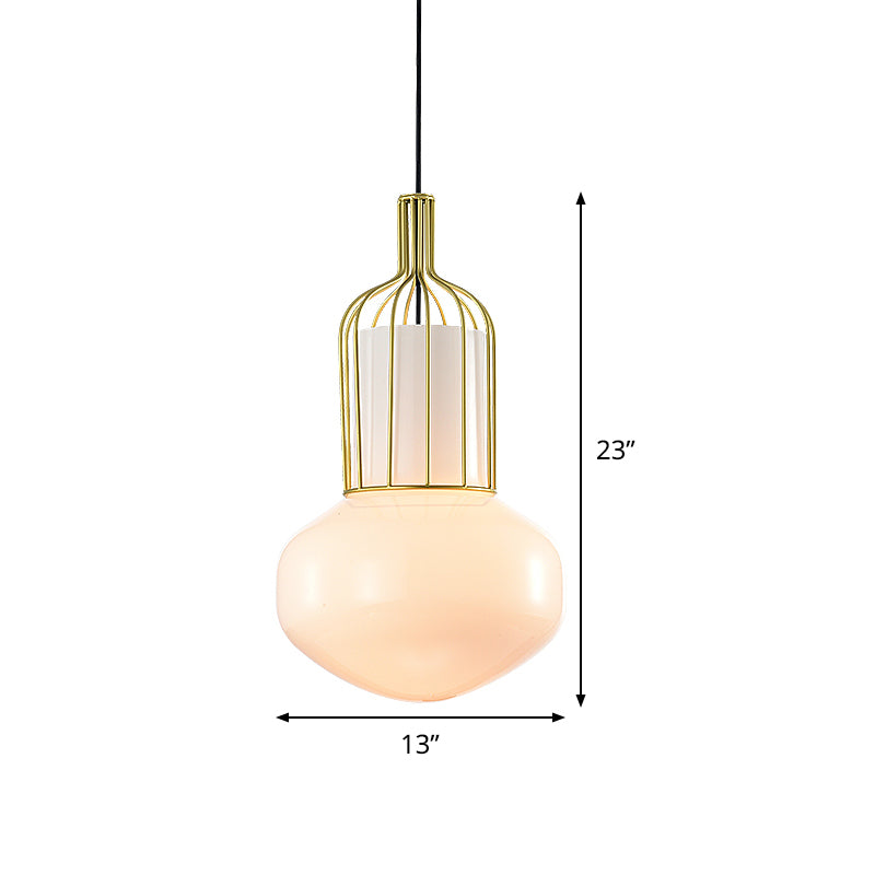 Gold Schoolhouse Pendant Light Fixture Modernist 1 Bulb White Glass Ceiling Lamp with Cage