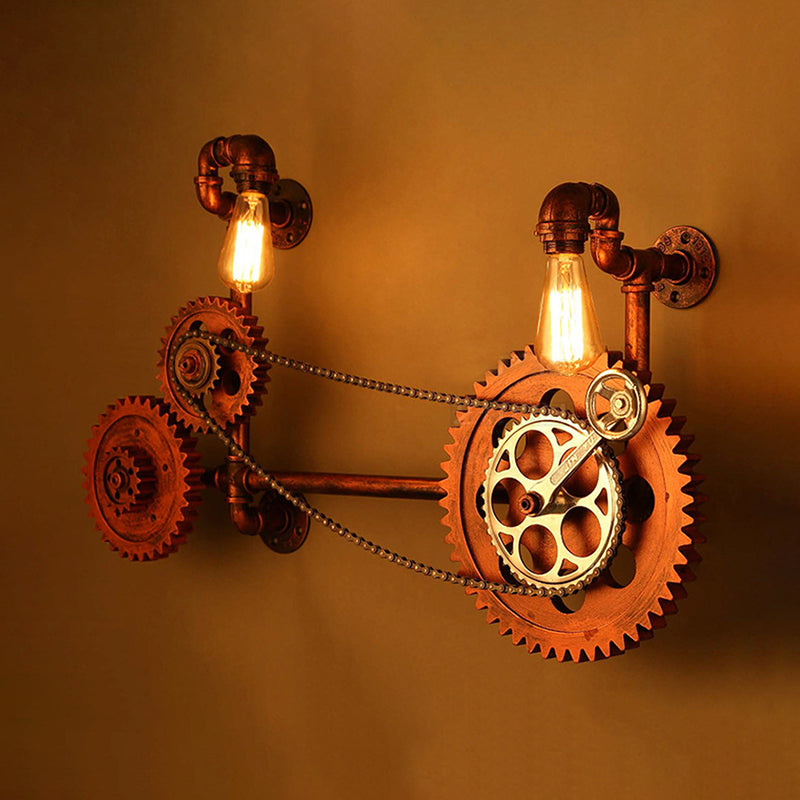 2 Lights Gear Sconce Light Fixture Vintage Weathered Copper Metal Wall Lamp