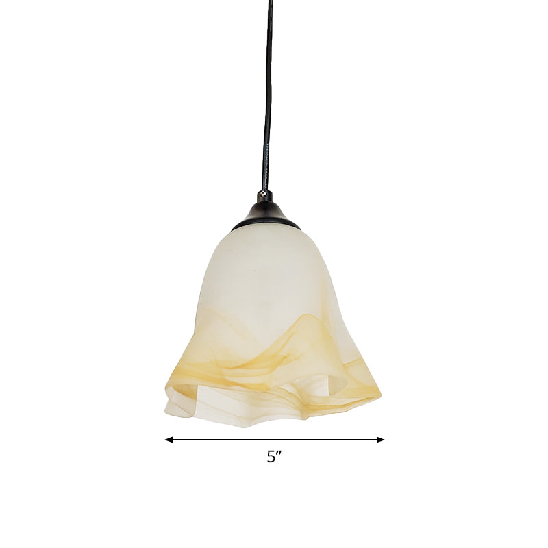 Contemporary 1-Light Down Light with White Frosted Glass Shade Black Floral Ceiling Hang Fixture