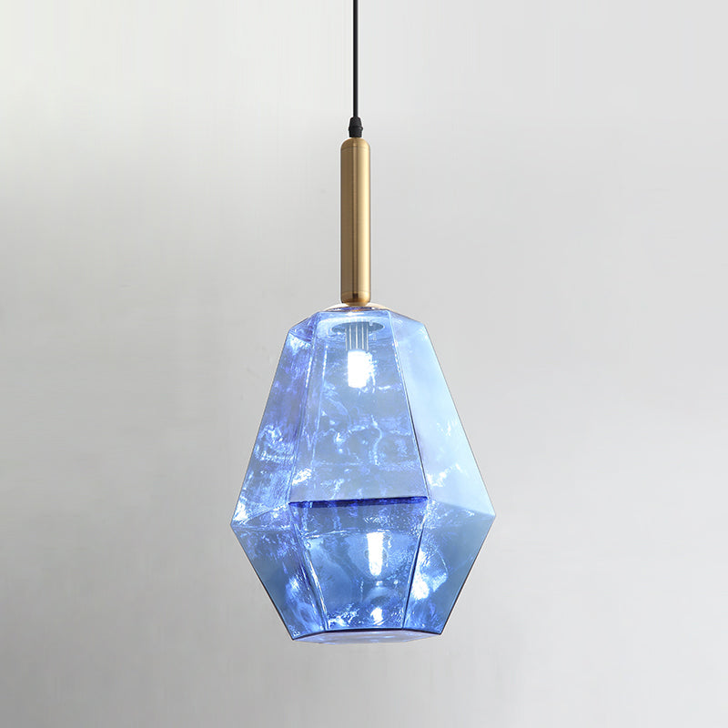 Kit d'éclairage en verre bleu diamant contemporain 1 luminaire pendentif LED en laiton léger