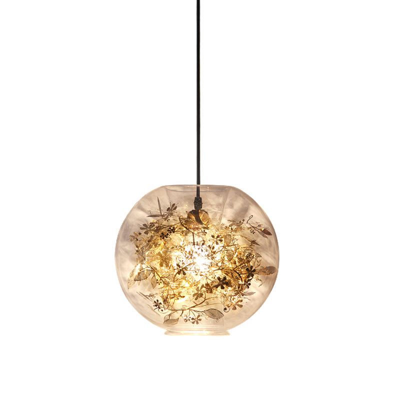 Sphere Pendant Lighting Modern Clear Glass 1 Head Gold Suspension Lamp with Inner Shattered Leaves Detail