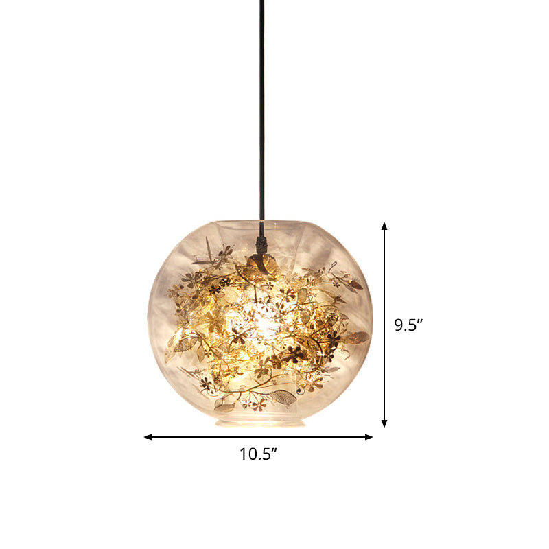Sphere Pendant Lighting Modern Clear Glass 1 Head Gold Suspension Lamp with Inner Shattered Leaves Detail