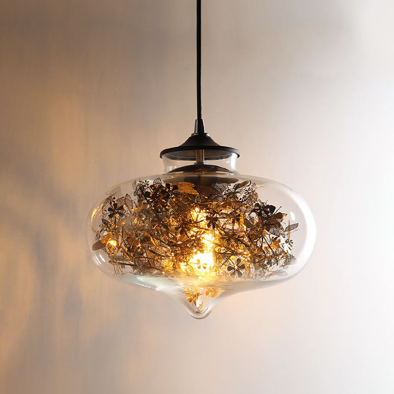 Clear Glass Oval Hanging Lighting Modern 1 Light Ceiling Lamp in Black with Shattered Leaves Deco