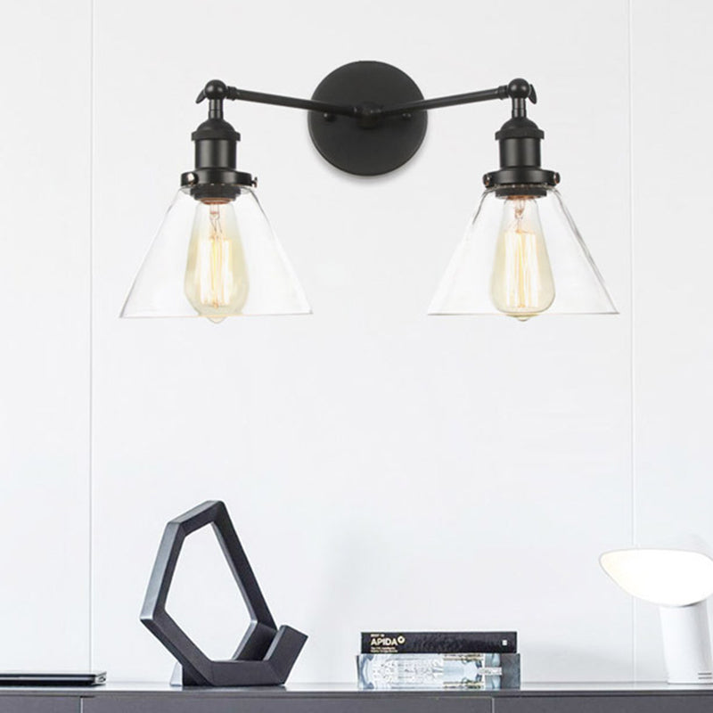 Clear Glass Conical Wall Mount Light Vintage 2 Lights Living Room Sconce Fixture in Black/Brass/Bronze
