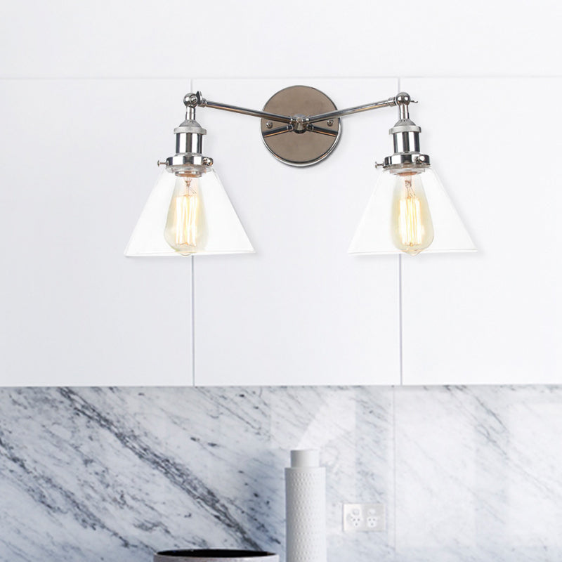 Clear Glass Conical Wall Mount Light Vintage 2 Lights Living Room Sconce Fixture in Black/Brass/Bronze