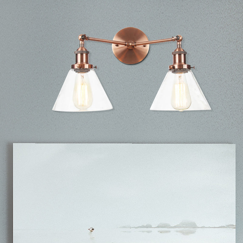 Clear Glass Conical Wall Mount Light Vintage 2 Lights Living Room Sconce Fixture in Black/Brass/Bronze