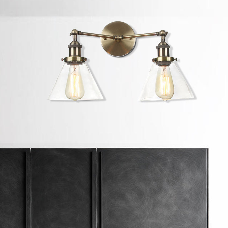 Clear Glass Conical Wall Mount Light Vintage 2 Lights Living Room Sconce Fixture in Black/Brass/Bronze