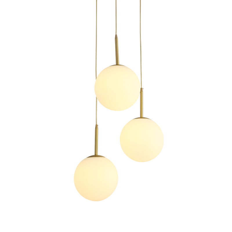 Orb Hanging Ceiling Light Modernism White Glass 3 Lights Brass Multi Lamp Pendant with Round Canopy