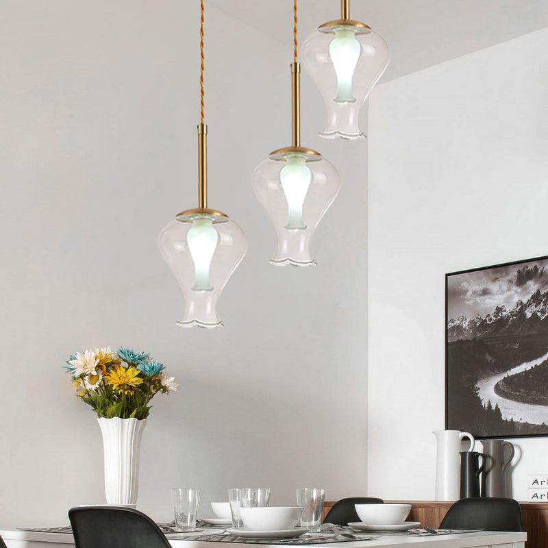 Vase en verre transparent Light modernisme 3 lumières Pendant multicolores en laiton sur salle à manger