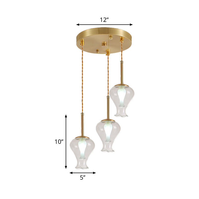 Vase en verre transparent Light modernisme 3 lumières Pendant multicolores en laiton sur salle à manger