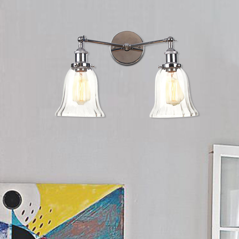 2 Lights Indoor Wall Lighting Industrial Style Black/Chrome/Bronze Sconce with Bell Clear Glass Shade