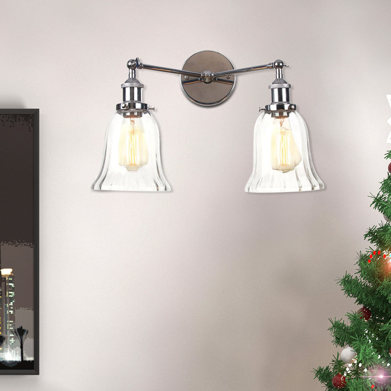 2 Lights Indoor Wall Lighting Industrial Style Black/Chrome/Bronze Sconce with Bell Clear Glass Shade