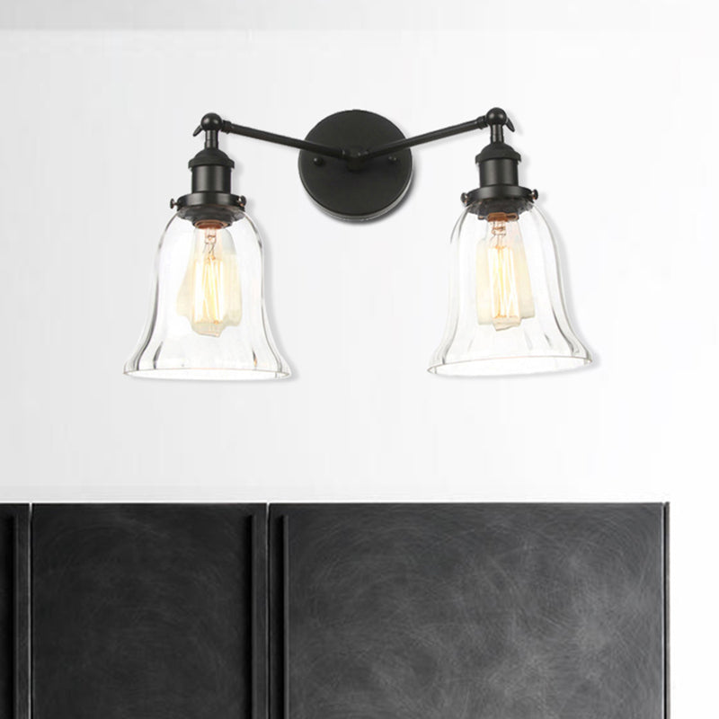 2 Lights Indoor Wall Lighting Industrial Style Black/Chrome/Bronze Sconce with Bell Clear Glass Shade