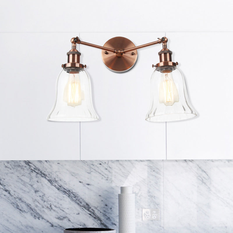 2 Lights Indoor Wall Lighting Industrial Style Black/Chrome/Bronze Sconce with Bell Clear Glass Shade