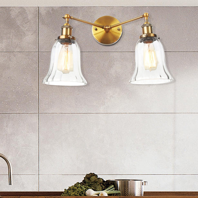 2 Lights Indoor Wall Lighting Industrial Style Black/Chrome/Bronze Sconce with Bell Clear Glass Shade