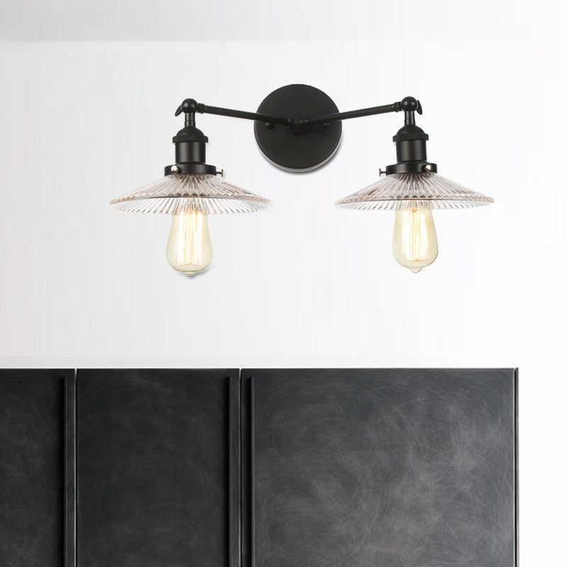 Saucer Clear Ribbed Glass Wall Sconce Light Warehouse 2 Lights Indoor Lighting Fixture in Bronze/Brass/Chrome