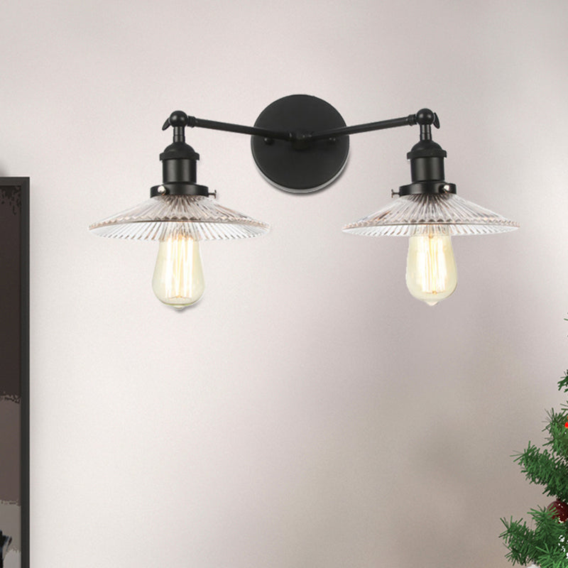 Saucer Clear Ribbed Glass Wall Sconce Light Warehouse 2 Lights Indoor Lighting Fixture in Bronze/Brass/Chrome