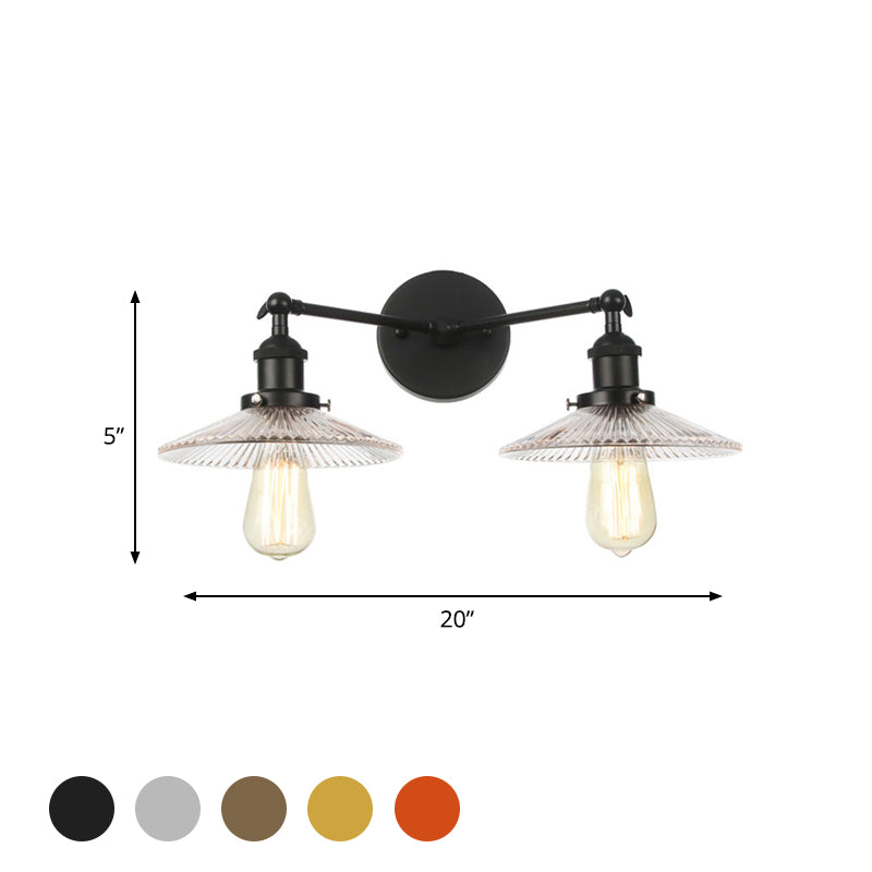 Saucer Clear Ribbed Glass Wall Sconce Light Warehouse 2 Lights Indoor Lighting Fixture in Bronze/Brass/Chrome